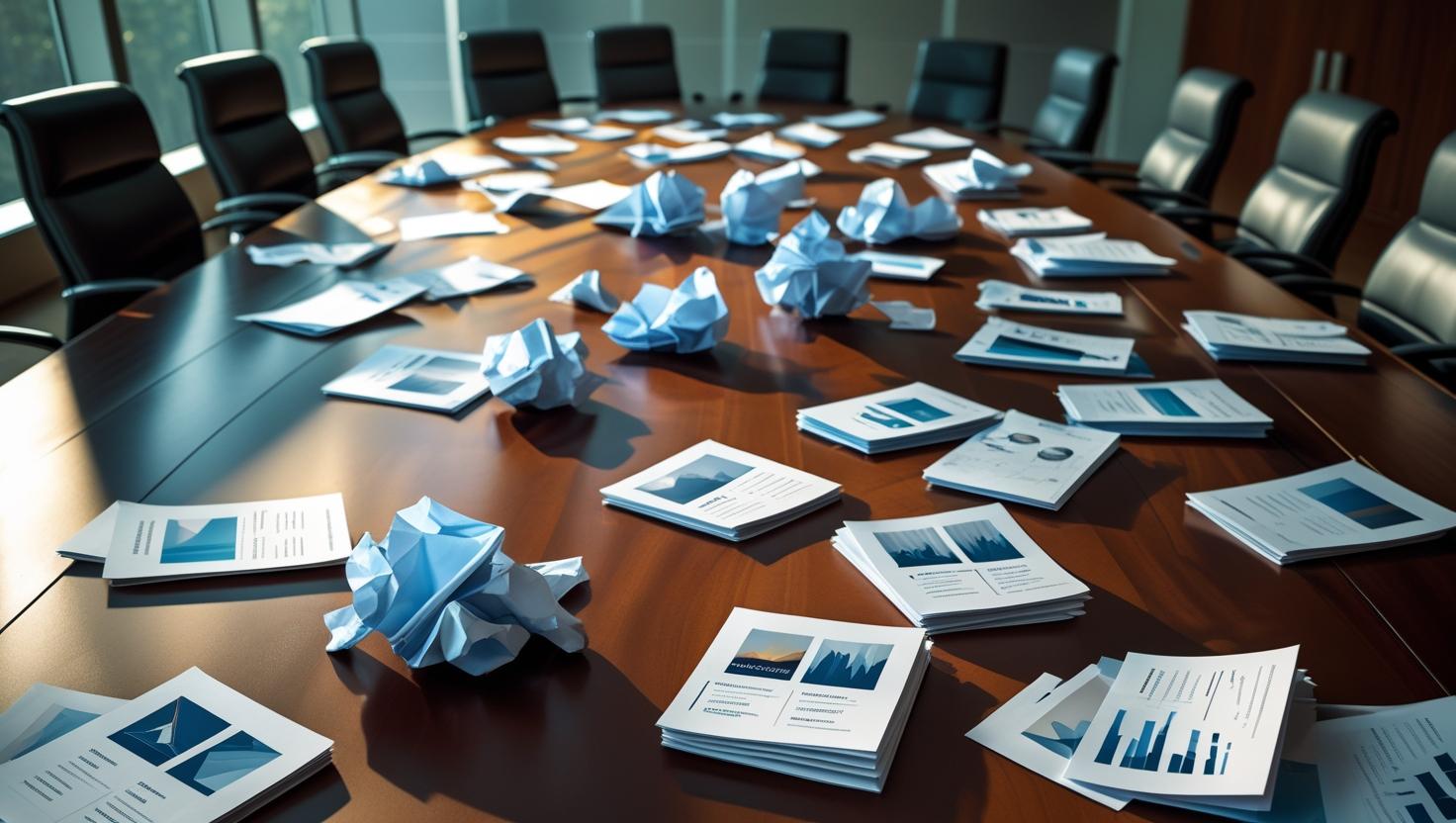 Empty boardroom with crumpled paper—representing failed consulting efforts.